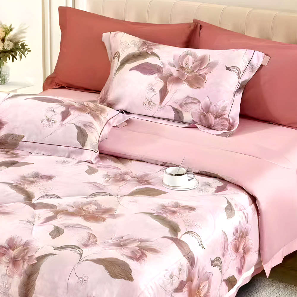 Dvigulis Neįvelkamas Premium Tencelio Tinginio Patalynės Komplektas su šilko užpildu - ROSE DREAM