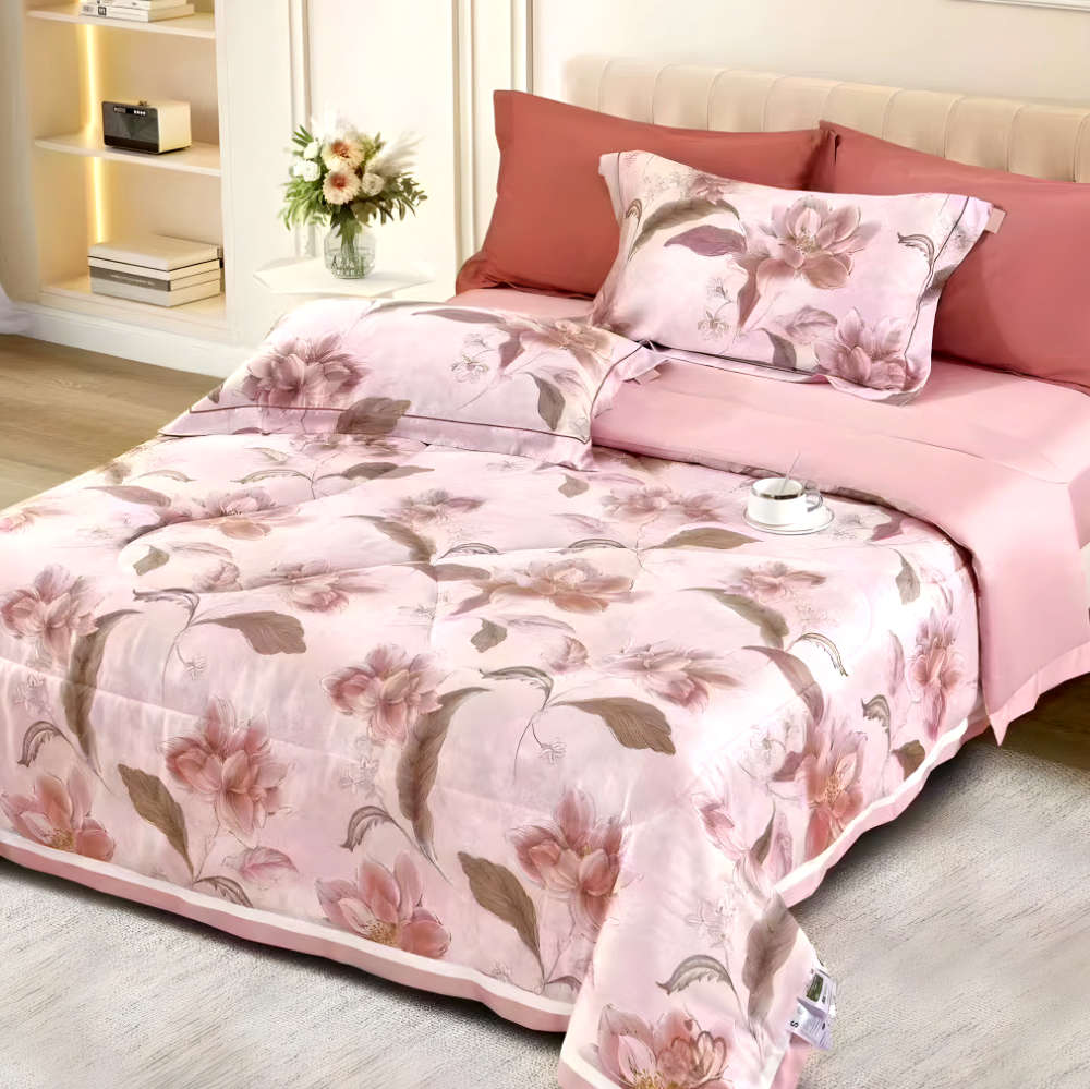 Dvigulis Neįvelkamas Premium Tencelio Tinginio Patalynės Komplektas su šilko užpildu - ROSE DREAM