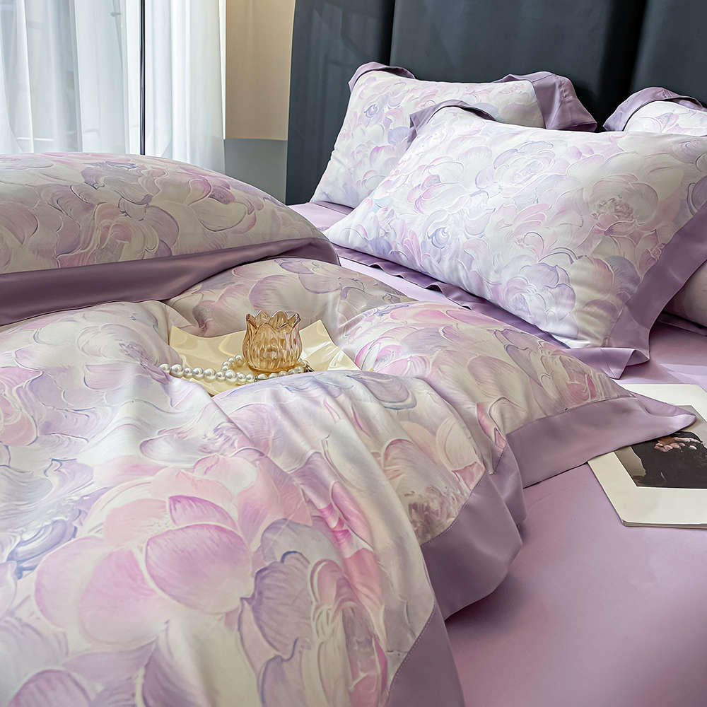 Premium šilkinio Tencelio patalynės komplektas su paklode - "Šilko žiedai" (Levandų sapnas)