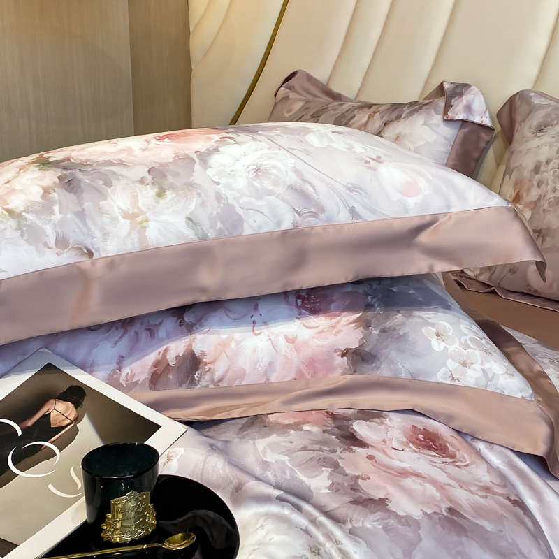 Premium šilkinio Tencelio patalynės komplektas su paklode - "Šilko žiedai" (Prigesinta rožė)
