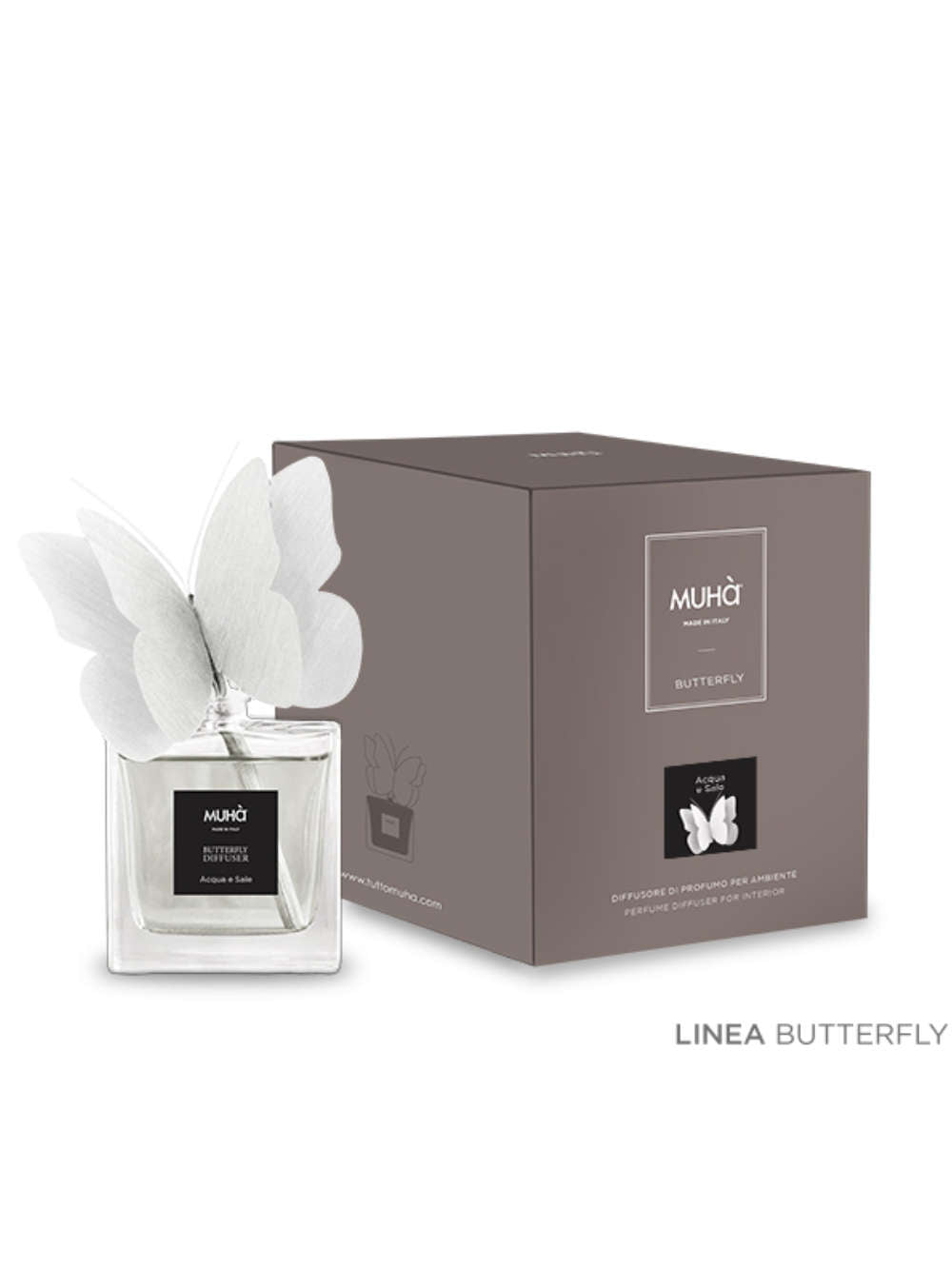 Namų kvapas MUHA su rankų darbo difuzoriumi BUTTERFLY - AQUA E SALE 80ml
