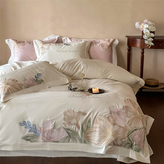 Dvigulis premium Egipto medvilnės patalynės komplektas su siuvinėtomis gėlėmis