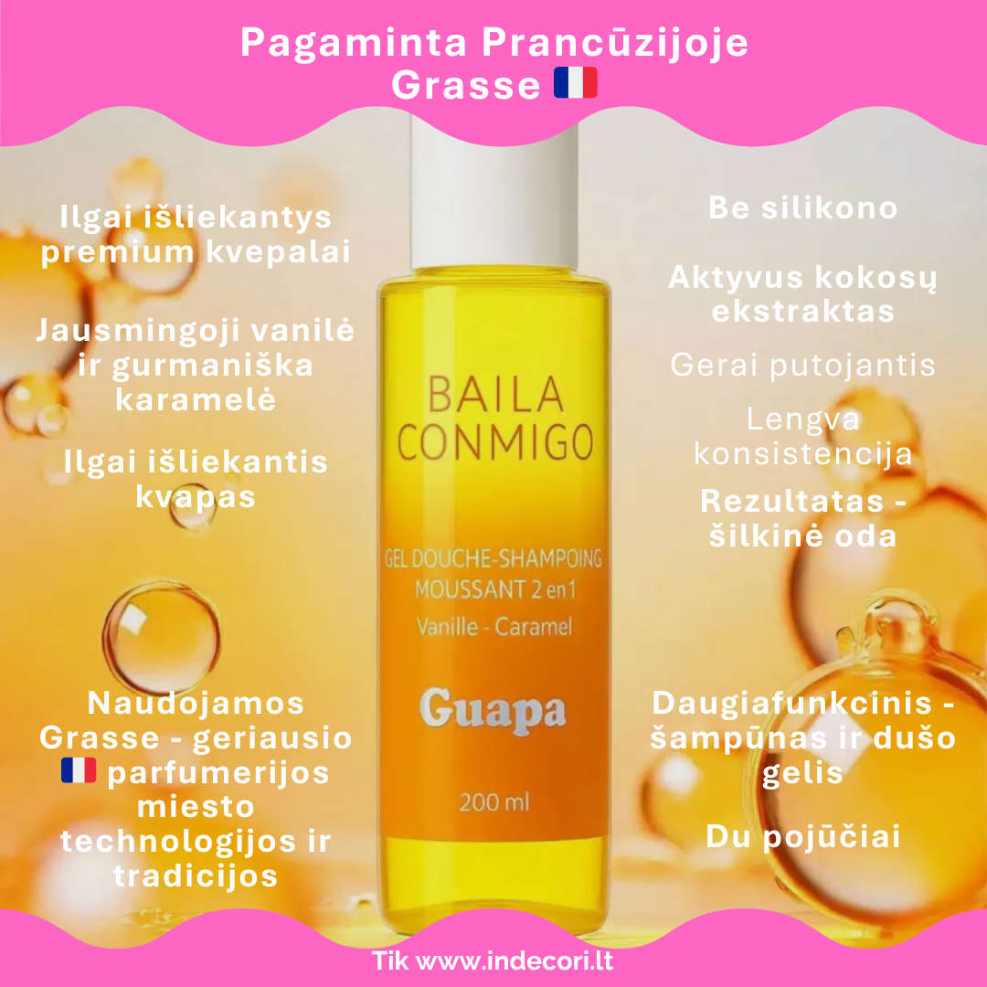 Prancūziškas dušo gelis ir šampūnas Guapa BAILA CONMIGO su vanilės–karamelės aromatu iš Grasse