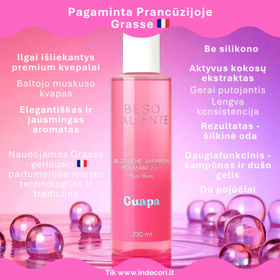 Giliai valantis ir švelnus dušo gelis–šampūnas 2 in 1 Baltojo muskuso kvapo 200 ml | Pagaminta Prancūzijoje
