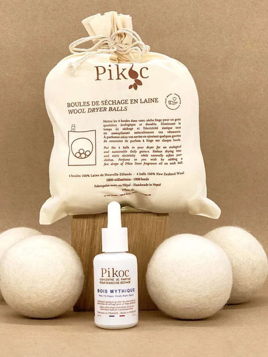 PIKOC Džiovinimo kamuoliukų komplektas 4vnt + 30ml parfumuotas aliejus - BOIS MYTHIQUE